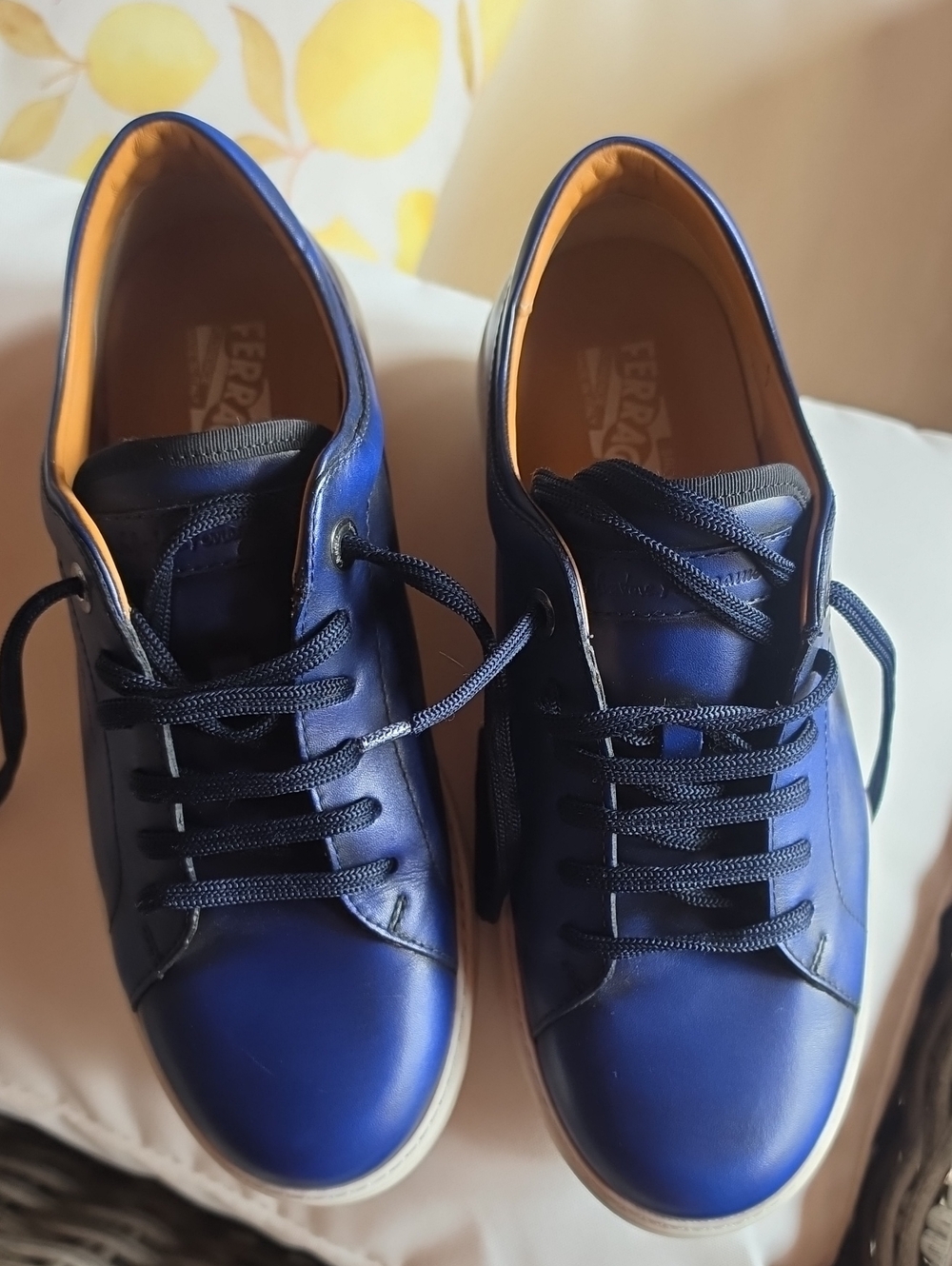 Salvatore Ferragamo Men’s Blue Leather Sneakers with Cream Sole